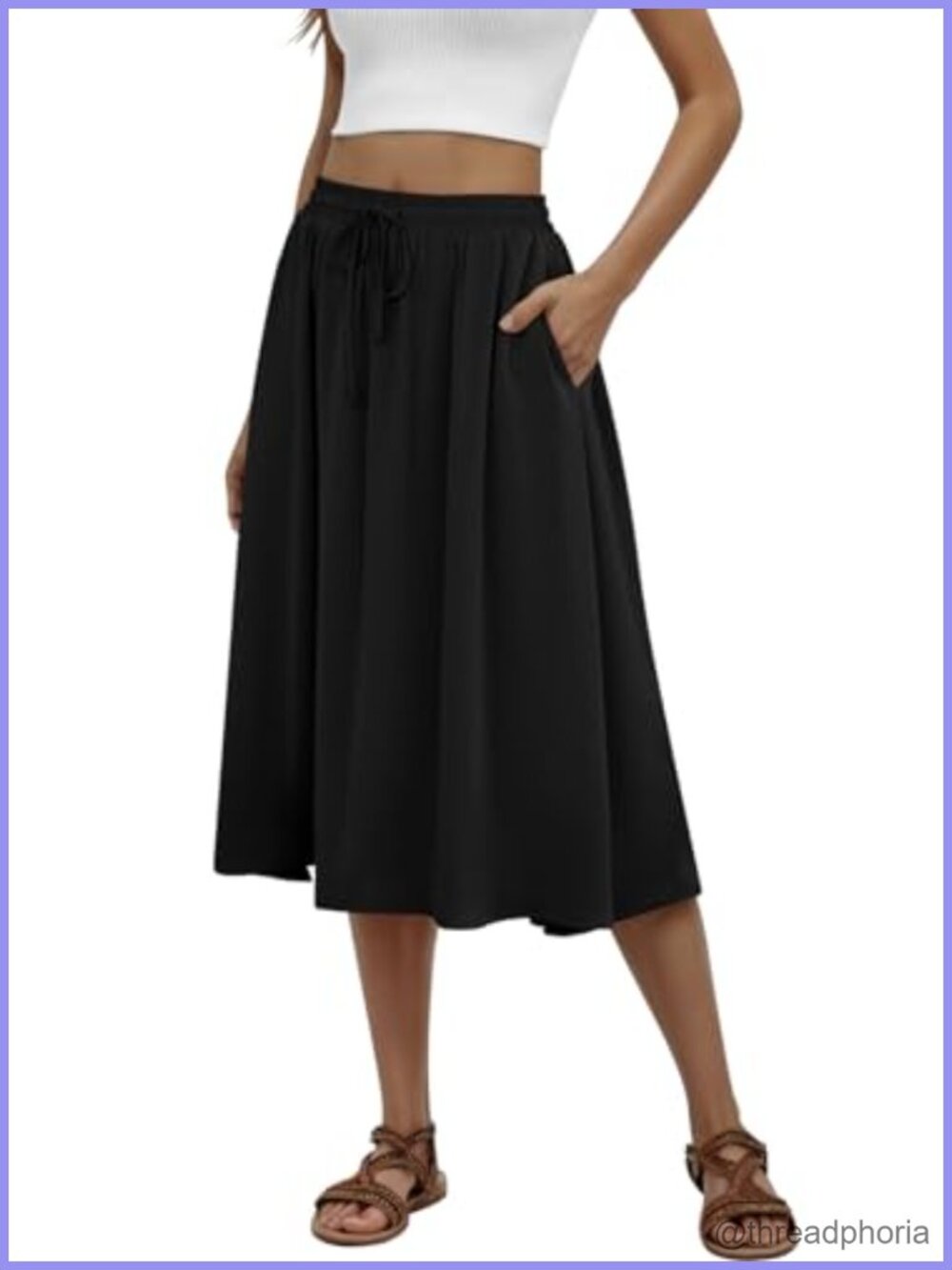 Women's Pleated Midi Skirt with Pockets Flowy A-Line Summer Skirt